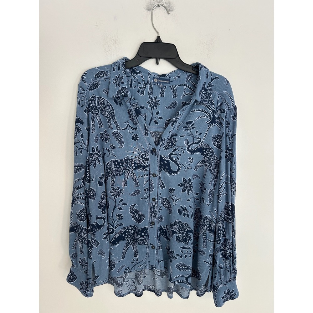 Democracy Womens Blue Elephant Paisley Boho Button Down Blouse Top Large L